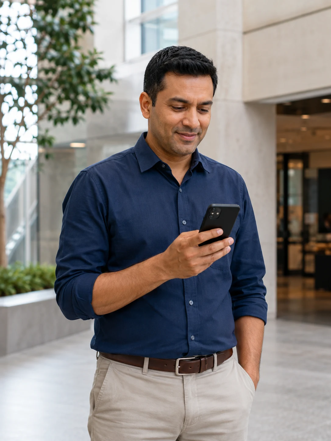 Illustration of a public-service professional using a smartphone in a modern civic building