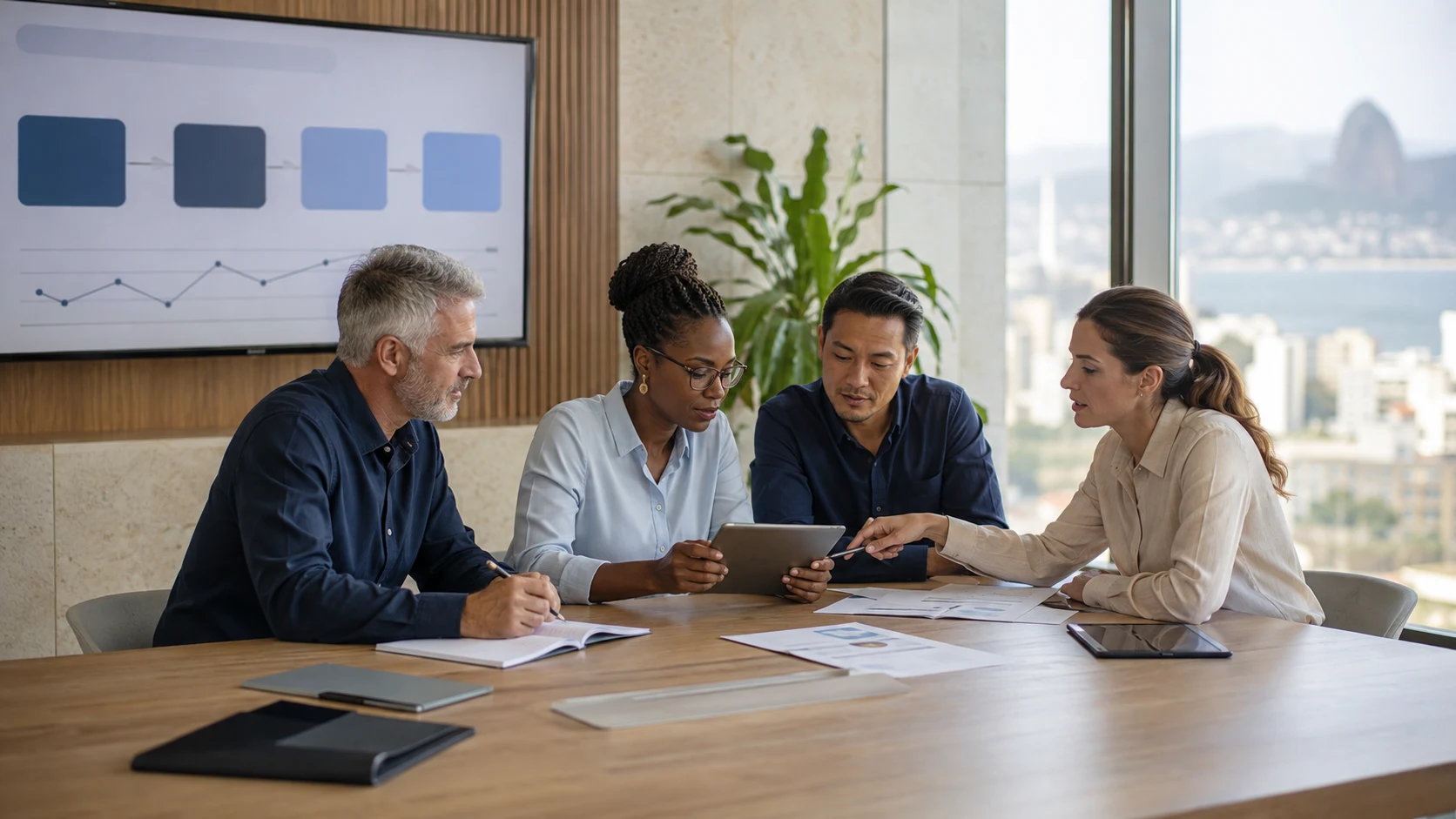 Illustration of a public-service team reviewing shared information on a tablet in a modern meeting room