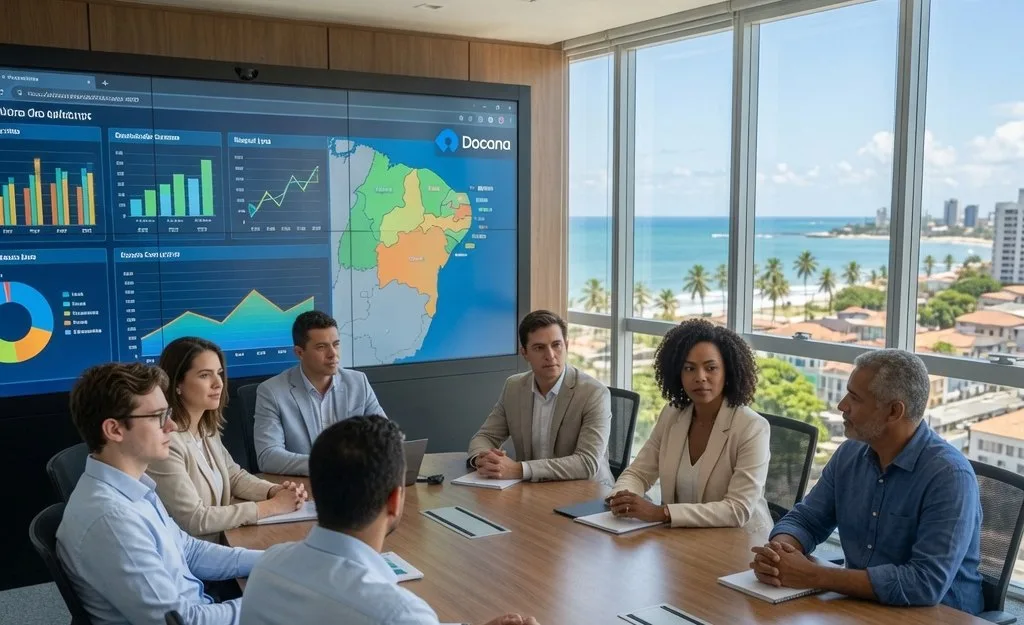 Management team reviewing Docana dashboards in a situation room