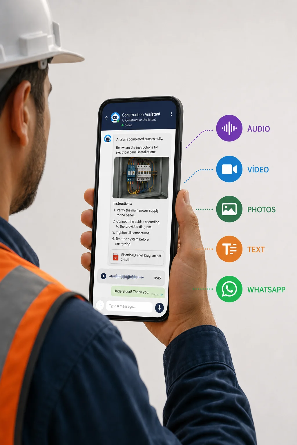 A foreman in a hard hat reading installation instructions from the Construction Assistant on WhatsApp, with a photo of the electrical panel and a step-by-step list